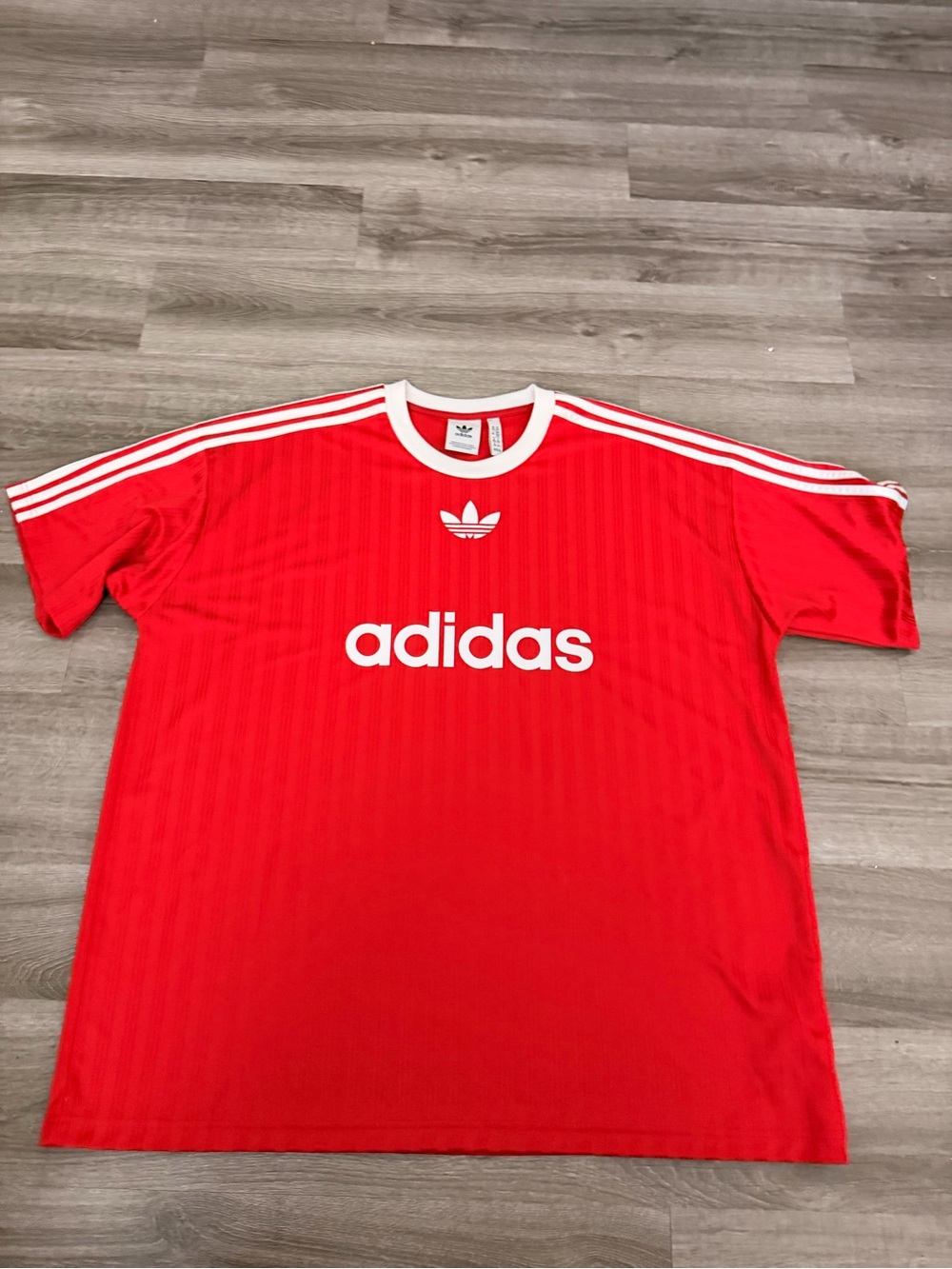 adidas Red Short-Sleeve Trefoil Logo Tee with White Stripes